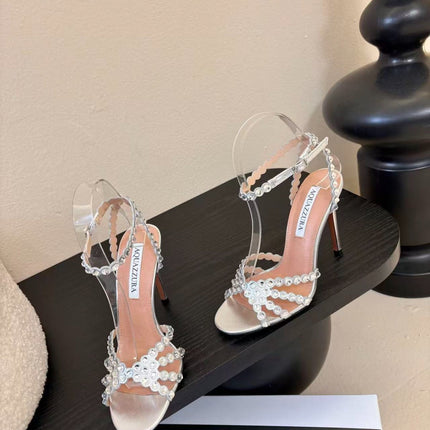 AQUAZZURA TEQUILA CRYSTAL-EMBELLISHED HIGH HEELS IN SILVER CALFSKIN