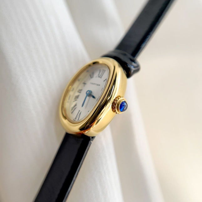 BAIGNOIRE WATCH GOLD OVAL CASE 18MM WHITE DIAL WITH BLACK STRAP