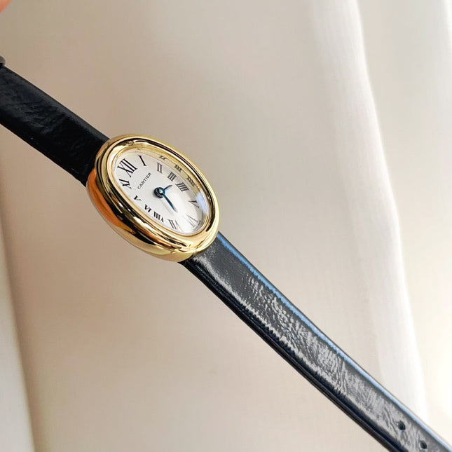 BAIGNOIRE WATCH GOLD OVAL CASE 18MM WHITE DIAL WITH BLACK STRAP