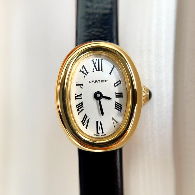 BAIGNOIRE WATCH GOLD OVAL CASE 18MM WHITE DIAL WITH BLACK STRAP