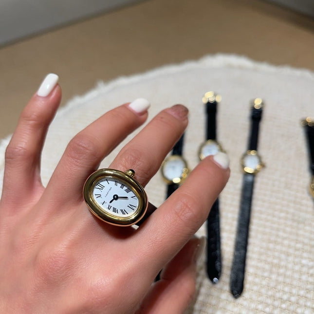 BAIGNOIRE WATCH GOLD OVAL CASE 18MM WHITE DIAL WITH BLACK STRAP