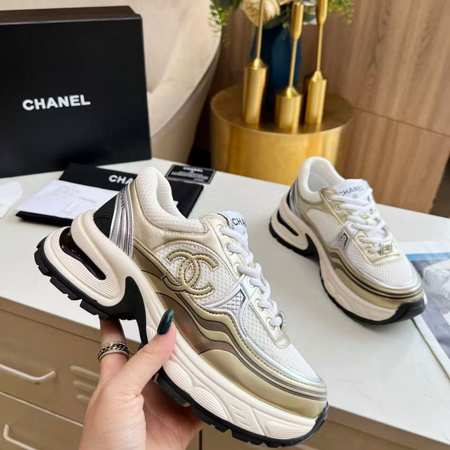 CHANEL RUNNER SNEAKERS IN GOLD LAMINATE COLORWAY MESH