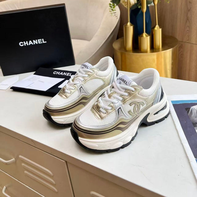 CHANEL RUNNER SNEAKERS IN GOLD LAMINATE COLORWAY MESH