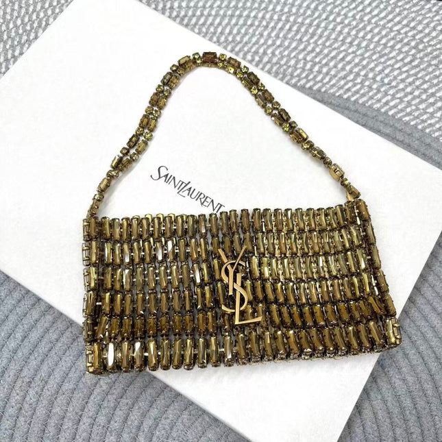 YSL CRYSTALS BAG 18 IN GOLD CRYSTAL AND EMBELLISHED CHAIN HANDLES