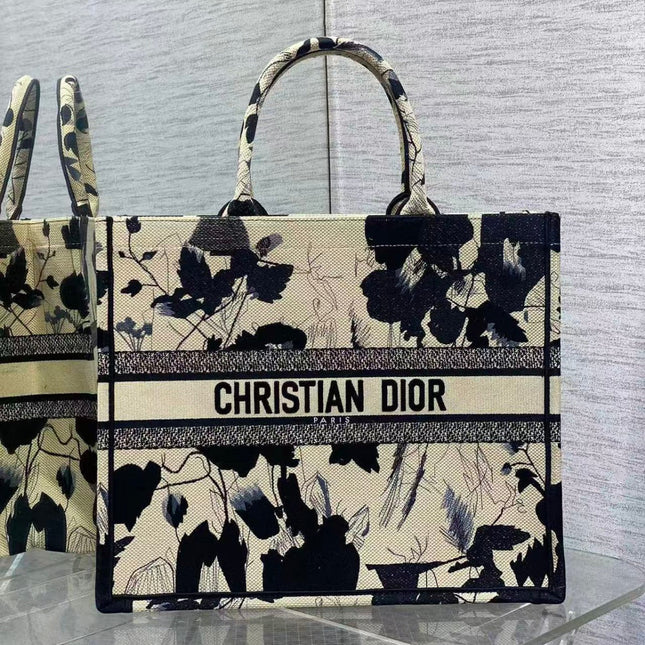 DIOR MEDIUM BOOK TOTE BAG IN BEIGE FLORAL MOTIF EMBROIDERY CANVAS