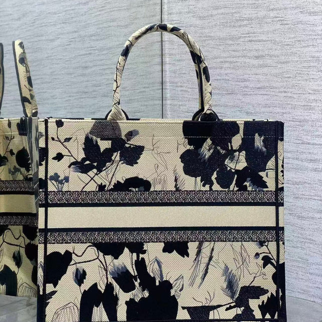 DIOR MEDIUM BOOK TOTE BAG IN BEIGE FLORAL MOTIF EMBROIDERY CANVAS