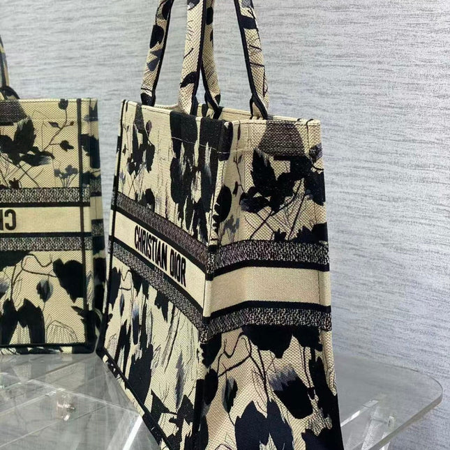 DIOR MEDIUM BOOK TOTE BAG IN BEIGE FLORAL MOTIF EMBROIDERY CANVAS