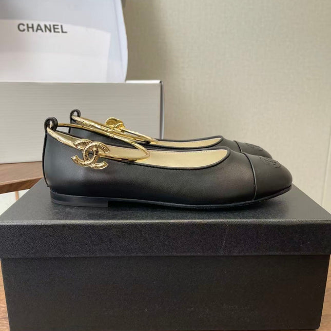 CHANEL GOLD ANKLE STRAP BALLET FLATS IN BLACK CALFSKIN