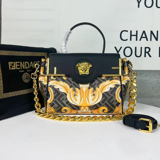 VERSACE X FENDI MEDIUM TOP HANDLE 25 BAG IN BLACK AND YELLOW