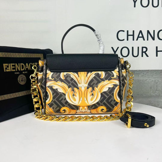 VERSACE X FENDI MEDIUM TOP HANDLE 25 BAG IN BLACK AND YELLOW