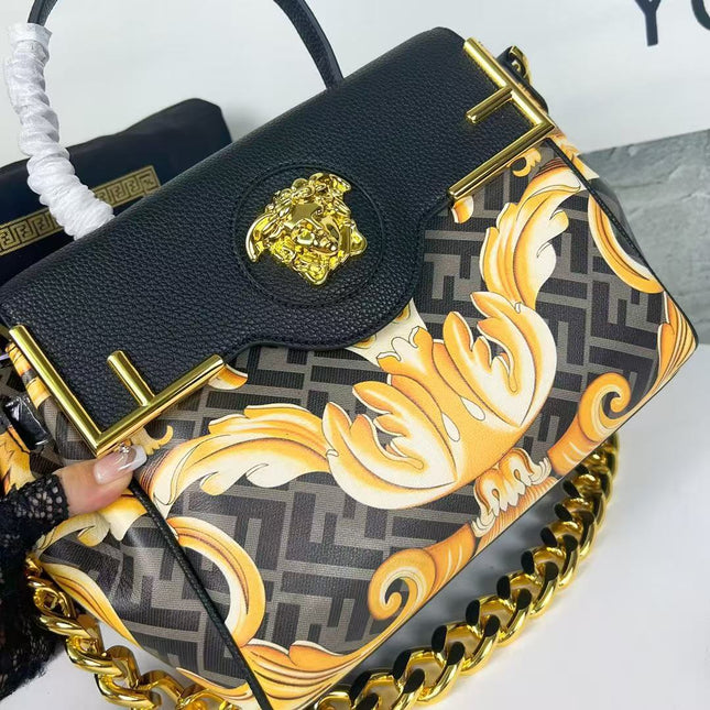 VERSACE X FENDI MEDIUM TOP HANDLE 25 BAG IN BLACK AND YELLOW