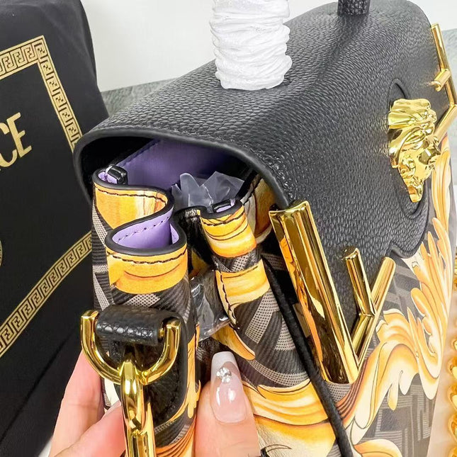 VERSACE X FENDI MEDIUM TOP HANDLE 25 BAG IN BLACK AND YELLOW