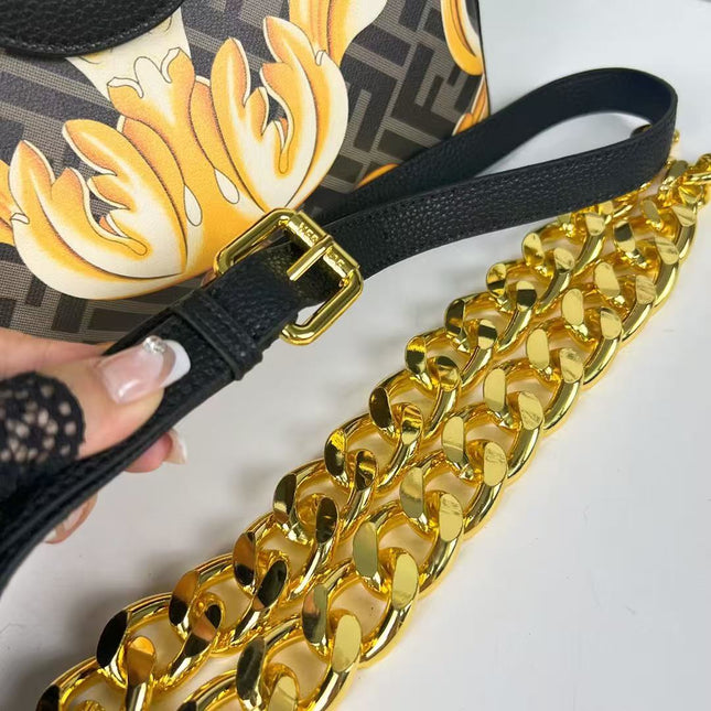 VERSACE X FENDI MEDIUM TOP HANDLE 25 BAG IN BLACK AND YELLOW