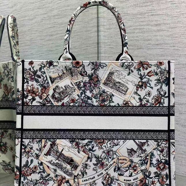 DIOR SOUVENIR DE ROME BOOK TOTE BAG IN FLORAL EMBROIDERY