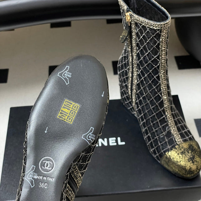 CHANEL METALLIC ANKLE BOOTS IN BLACK CHECKERED MESH