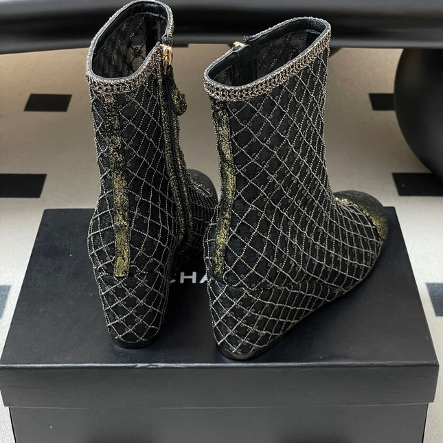 CHANEL METALLIC ANKLE BOOTS IN BLACK CHECKERED MESH