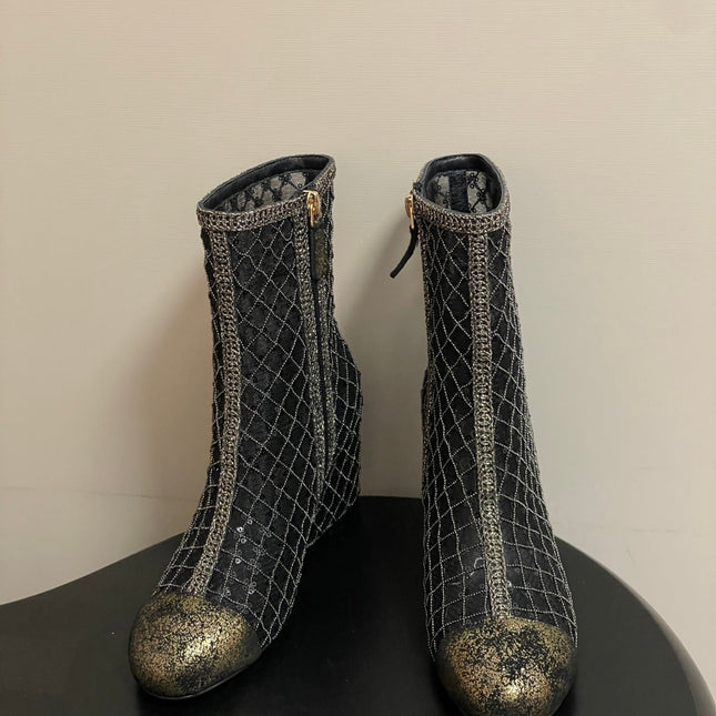 CHANEL METALLIC ANKLE BOOTS IN BLACK CHECKERED MESH