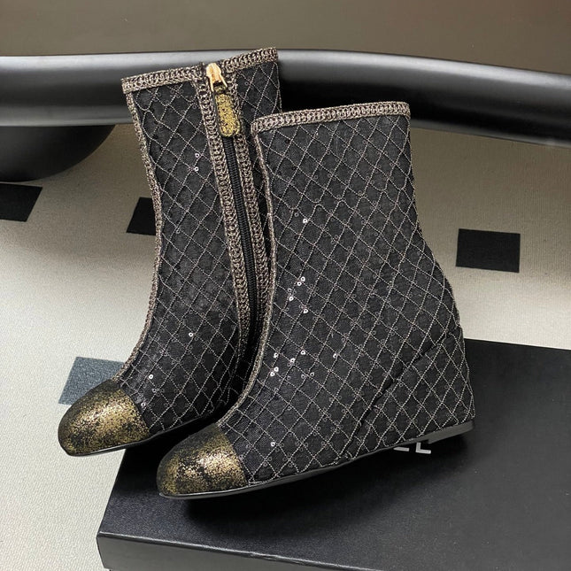 CHANEL METALLIC ANKLE BOOTS IN BLACK CHECKERED MESH