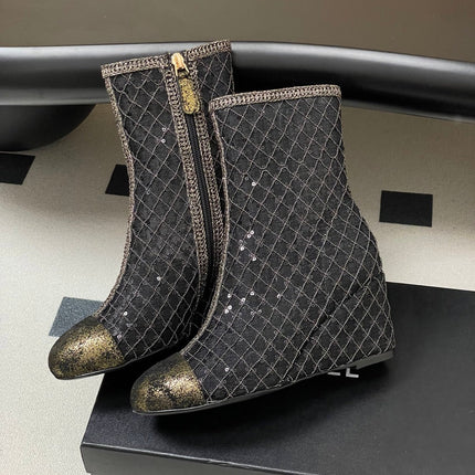 CHANEL METALLIC ANKLE BOOTS IN BLACK CHECKERED MESH