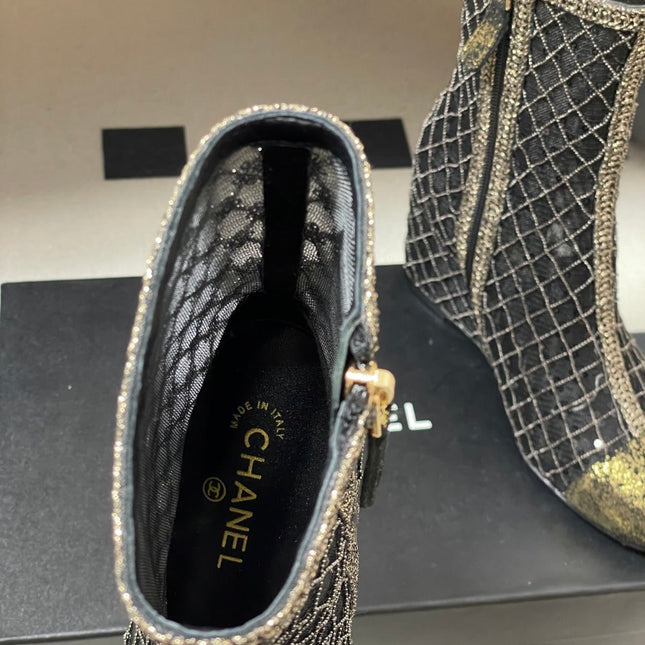 CHANEL METALLIC ANKLE BOOTS IN BLACK CHECKERED MESH