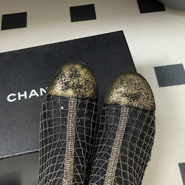 CHANEL METALLIC ANKLE BOOTS IN BLACK CHECKERED MESH