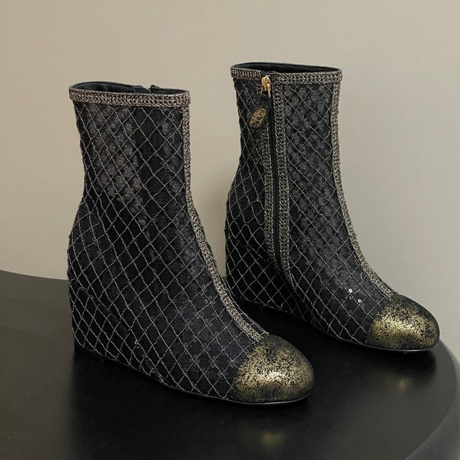 CHANEL METALLIC ANKLE BOOTS IN BLACK CHECKERED MESH