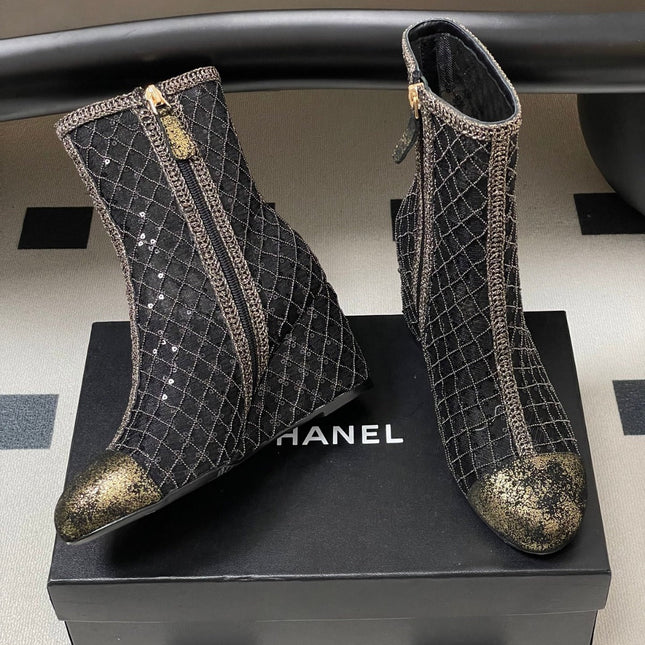 CHANEL METALLIC ANKLE BOOTS IN BLACK CHECKERED MESH