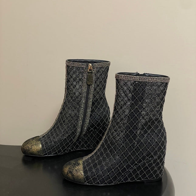 CHANEL METALLIC ANKLE BOOTS IN BLACK CHECKERED MESH