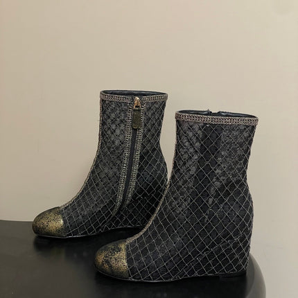 CHANEL METALLIC ANKLE BOOTS IN BLACK CHECKERED MESH