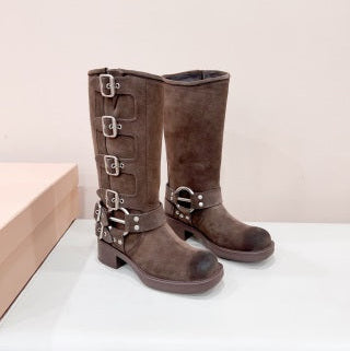 MIUMIU BUCKLED BOOTS IN DARK BROWN SUEDE