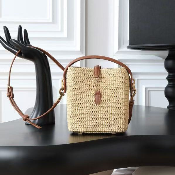 YSL 15 BAG IN LIGHT YELLOW STRAW AND BROWN LEATHER TRIM