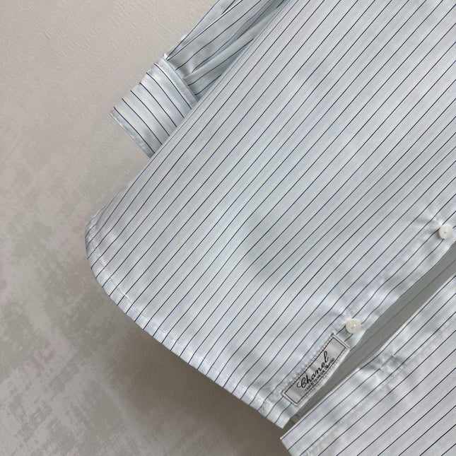 CHANEL STRIPED EMBROIDERED LOGO SHIRT WITH VERTICAL STRIPES