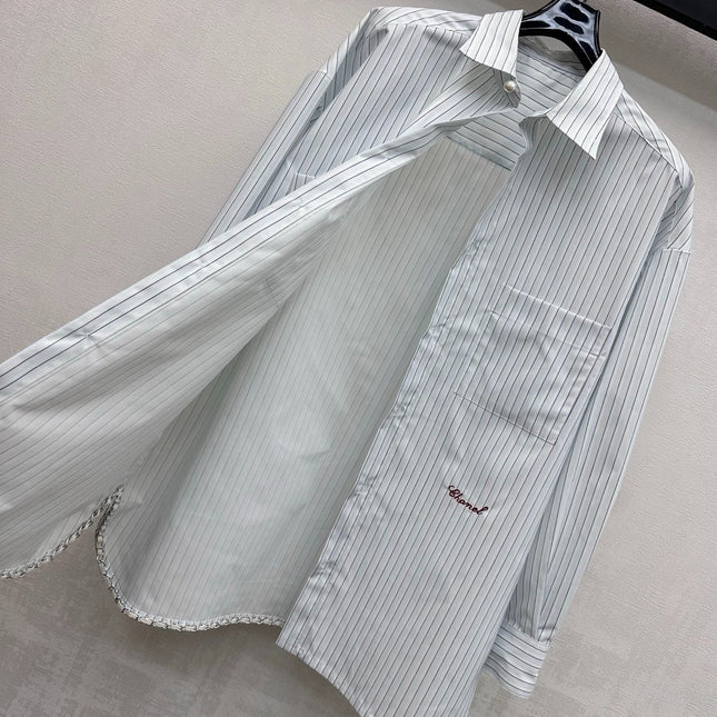 CHANEL STRIPED EMBROIDERED LOGO SHIRT WITH VERTICAL STRIPES