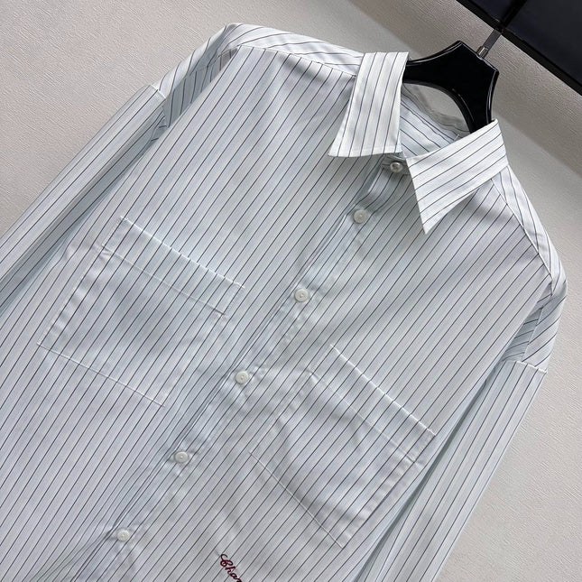 CHANEL STRIPED EMBROIDERED LOGO SHIRT WITH VERTICAL STRIPES