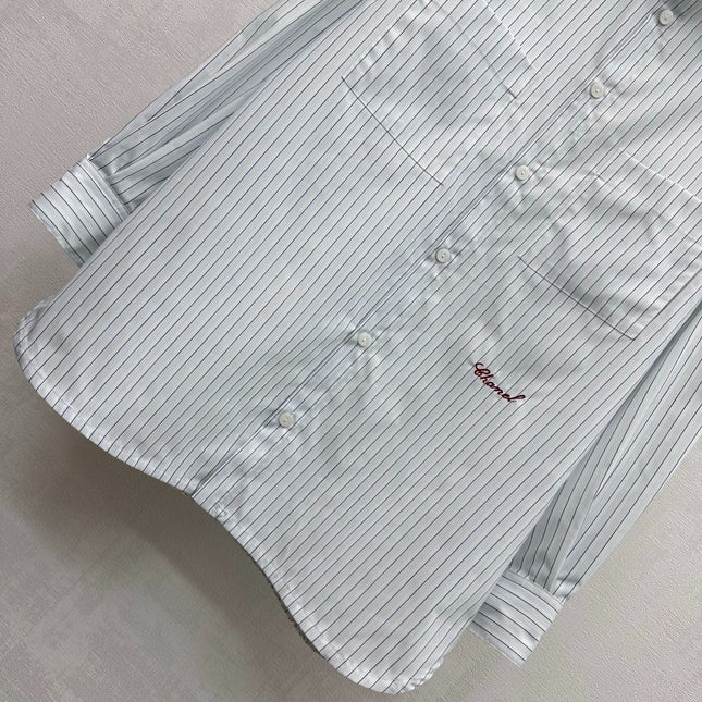 CHANEL STRIPED EMBROIDERED LOGO SHIRT WITH VERTICAL STRIPES