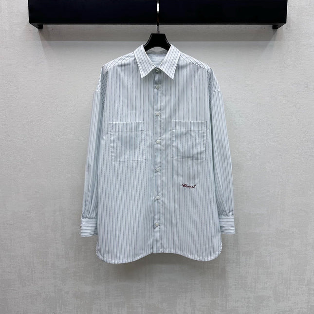 CHANEL STRIPED EMBROIDERED LOGO SHIRT WITH VERTICAL STRIPES