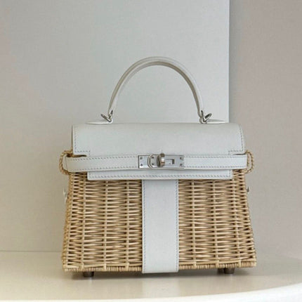 HM KELLY PICNIC HANDBAG IN WHITE LEATHER AND WICKER SILVER HARDWARE