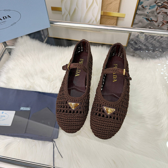 PRADA MARY JANE FLATS IN COCOA BROWN CROCHET