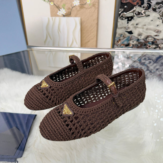 PRADA MARY JANE FLATS IN COCOA BROWN CROCHET