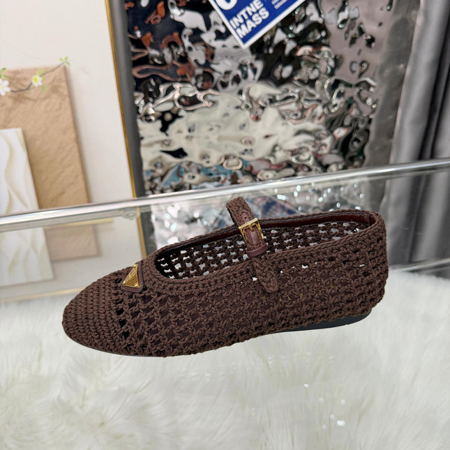 PRADA MARY JANE FLATS IN COCOA BROWN CROCHET