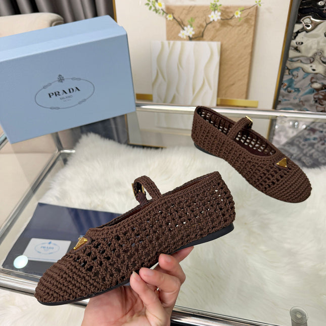 PRADA MARY JANE FLATS IN COCOA BROWN CROCHET