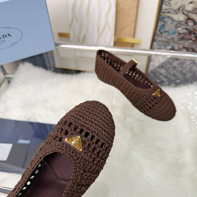 PRADA MARY JANE FLATS IN COCOA BROWN CROCHET