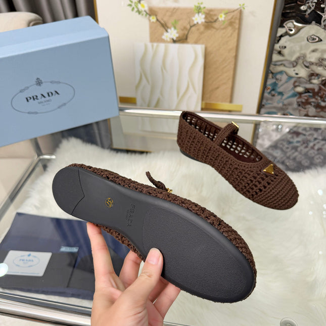PRADA MARY JANE FLATS IN COCOA BROWN CROCHET