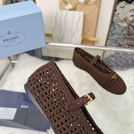 PRADA MARY JANE FLATS IN COCOA BROWN CROCHET