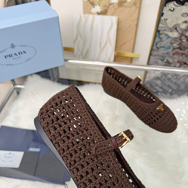 PRADA MARY JANE FLATS IN COCOA BROWN CROCHET