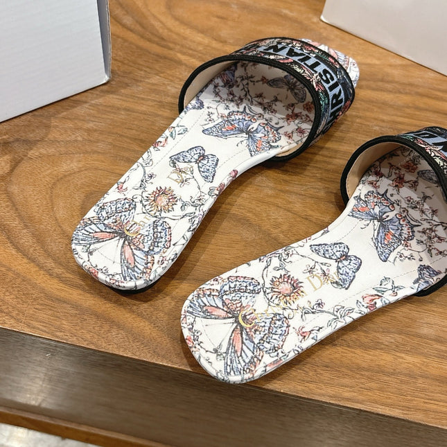 DIOR 26S D-WAY SLIDE IN WHITE BUTTERFLY PRINT EMBROIDERED COTTON