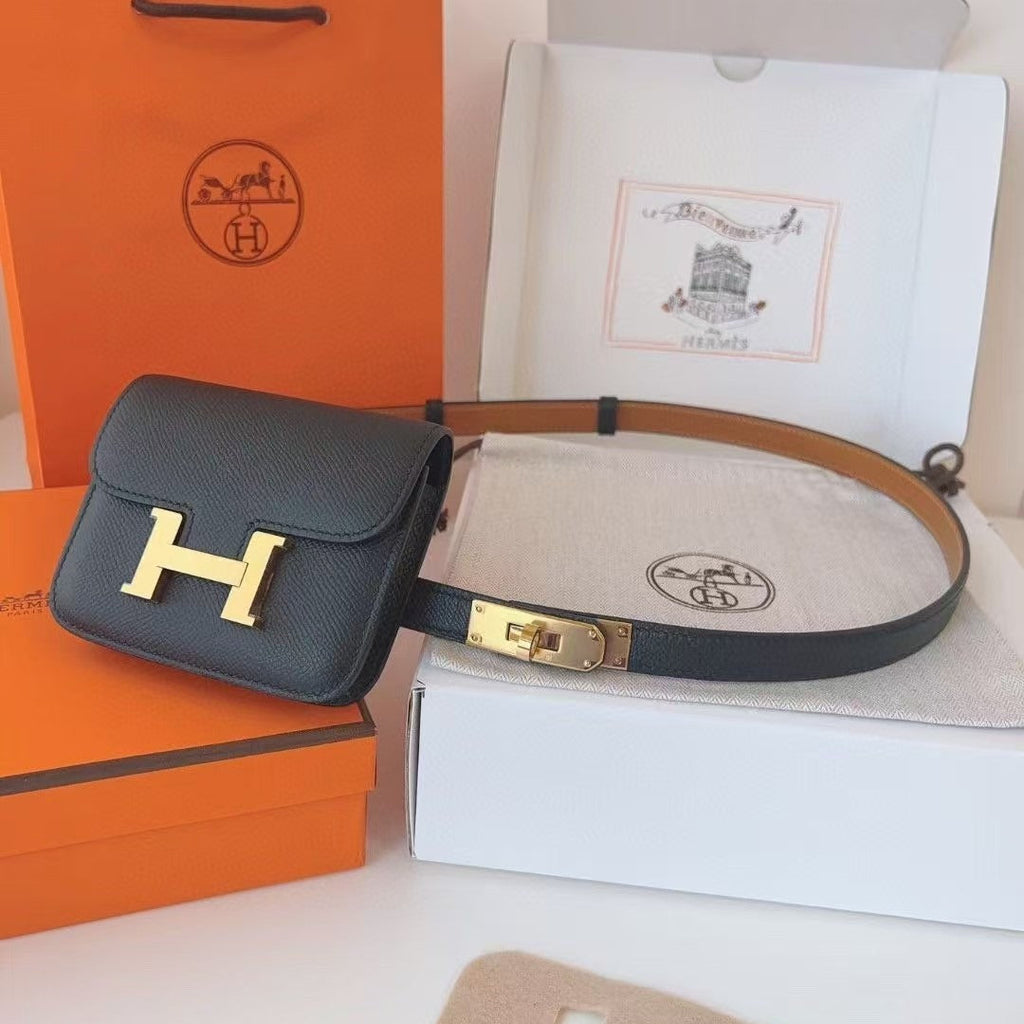 HM KELLY CONSTANCE SLIM WALLET BELT IN BLACK CALFSKIN GOLD HARDWARE
