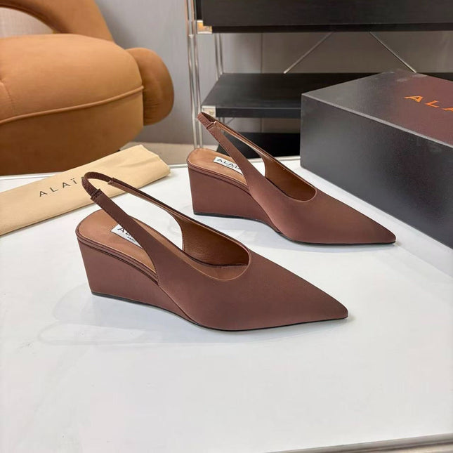 ALAIA CUBE SATIN SLINGBACK WEDGE PUMP IN A CHESTNUT BROWN SATIN