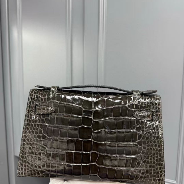 HM KELLY MINI 22 IN BROWN AMERICAN ALLIGATOR SILVER BUCKLE