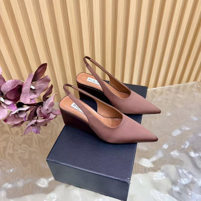 ALAIA CUBE SATIN SLINGBACK WEDGE PUMP IN A CHESTNUT BROWN SATIN